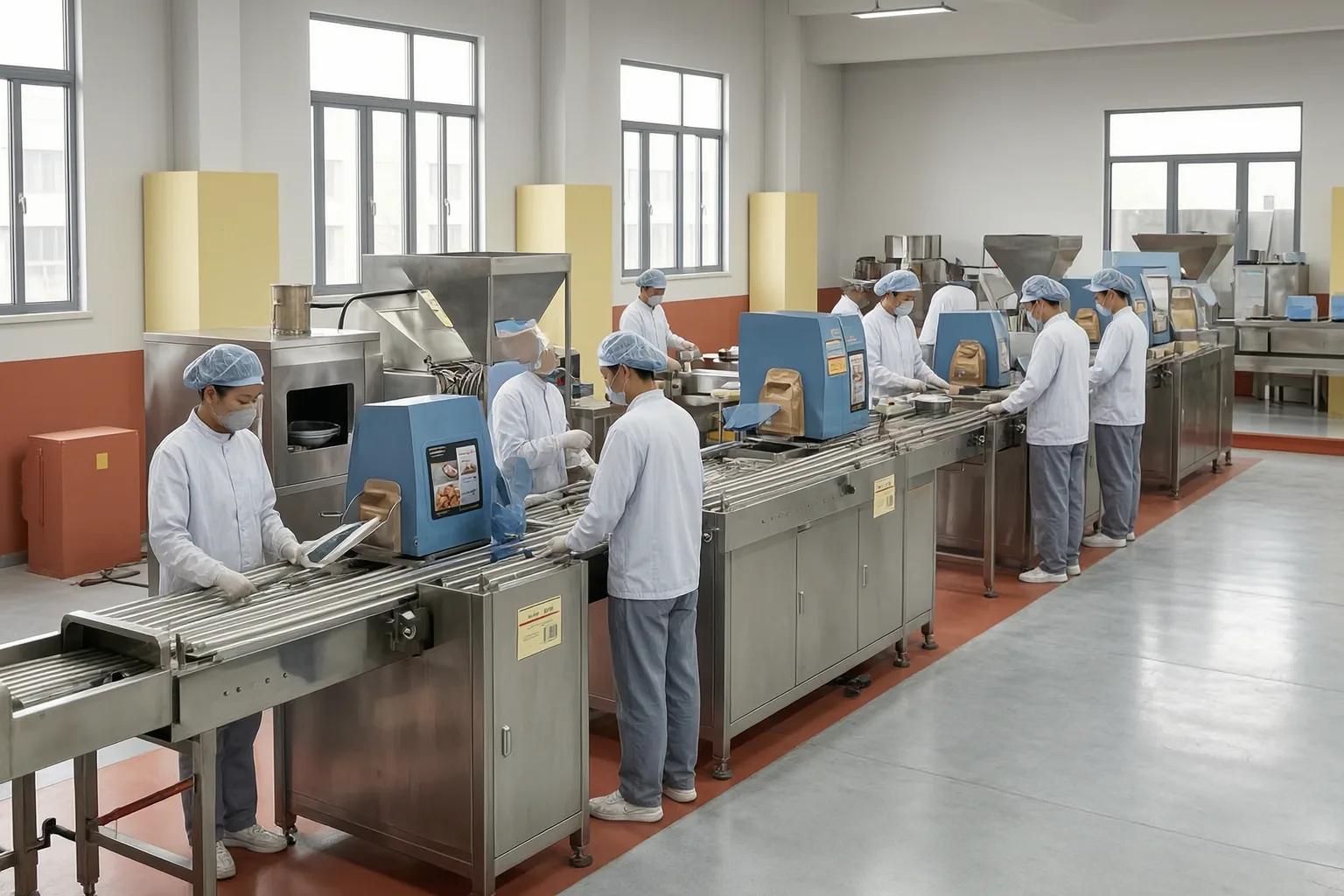 Modern pet food production floor with stainless steel processing equipment
