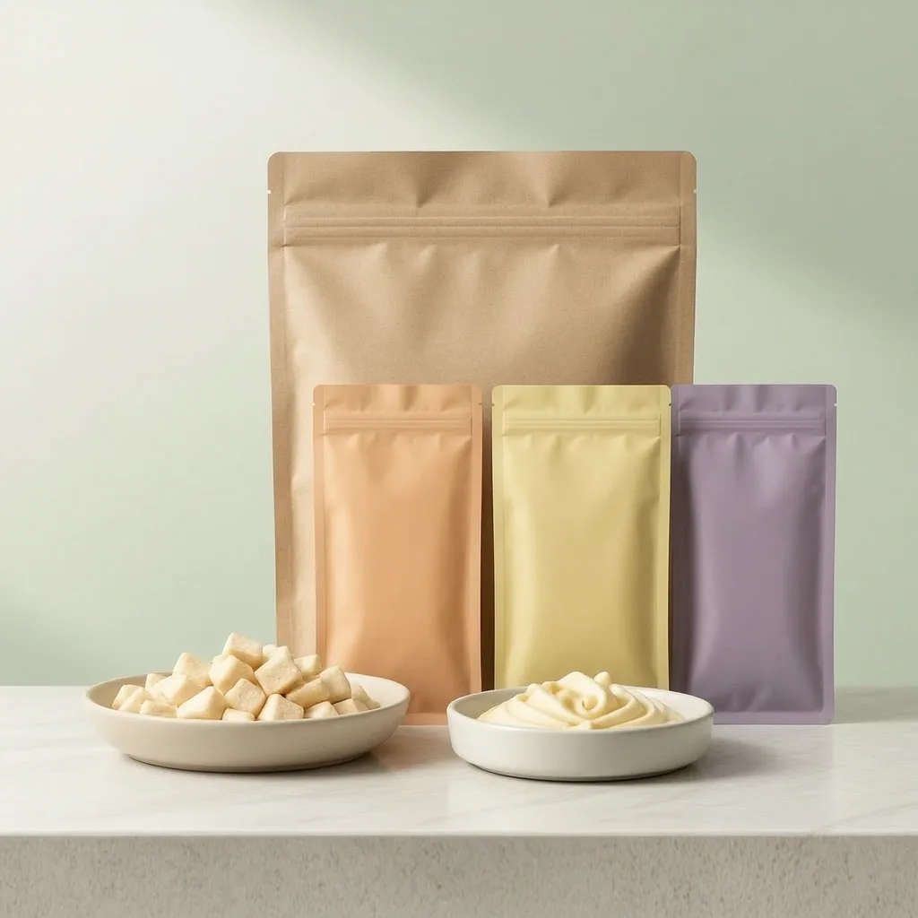 Creamy cat treats with blank sachets, pouch packaging and a small serving dish