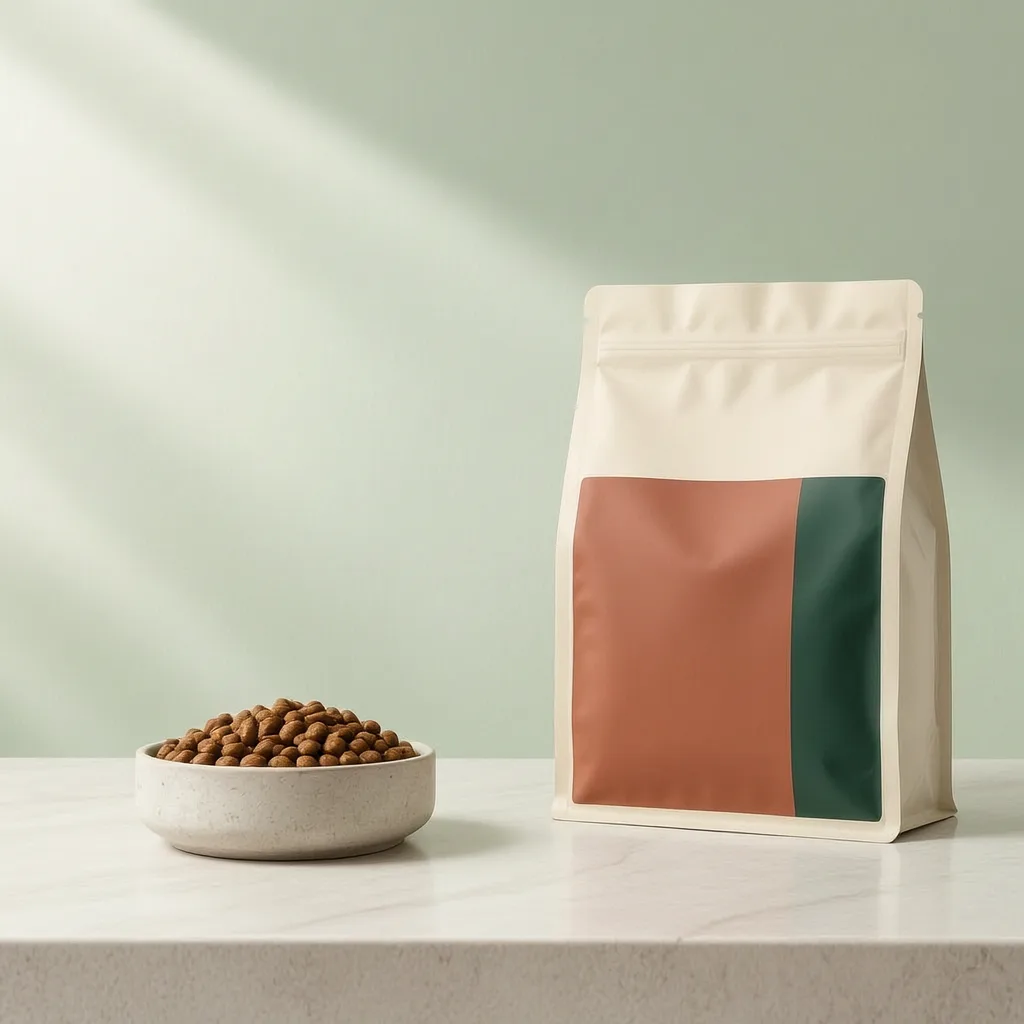 Dry dog food with blank private-label packaging and a bowl of kibble