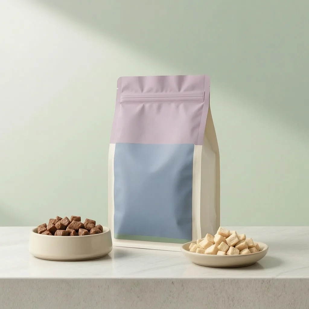 Freeze-dried cat treats with blank private-label packaging and meat pieces