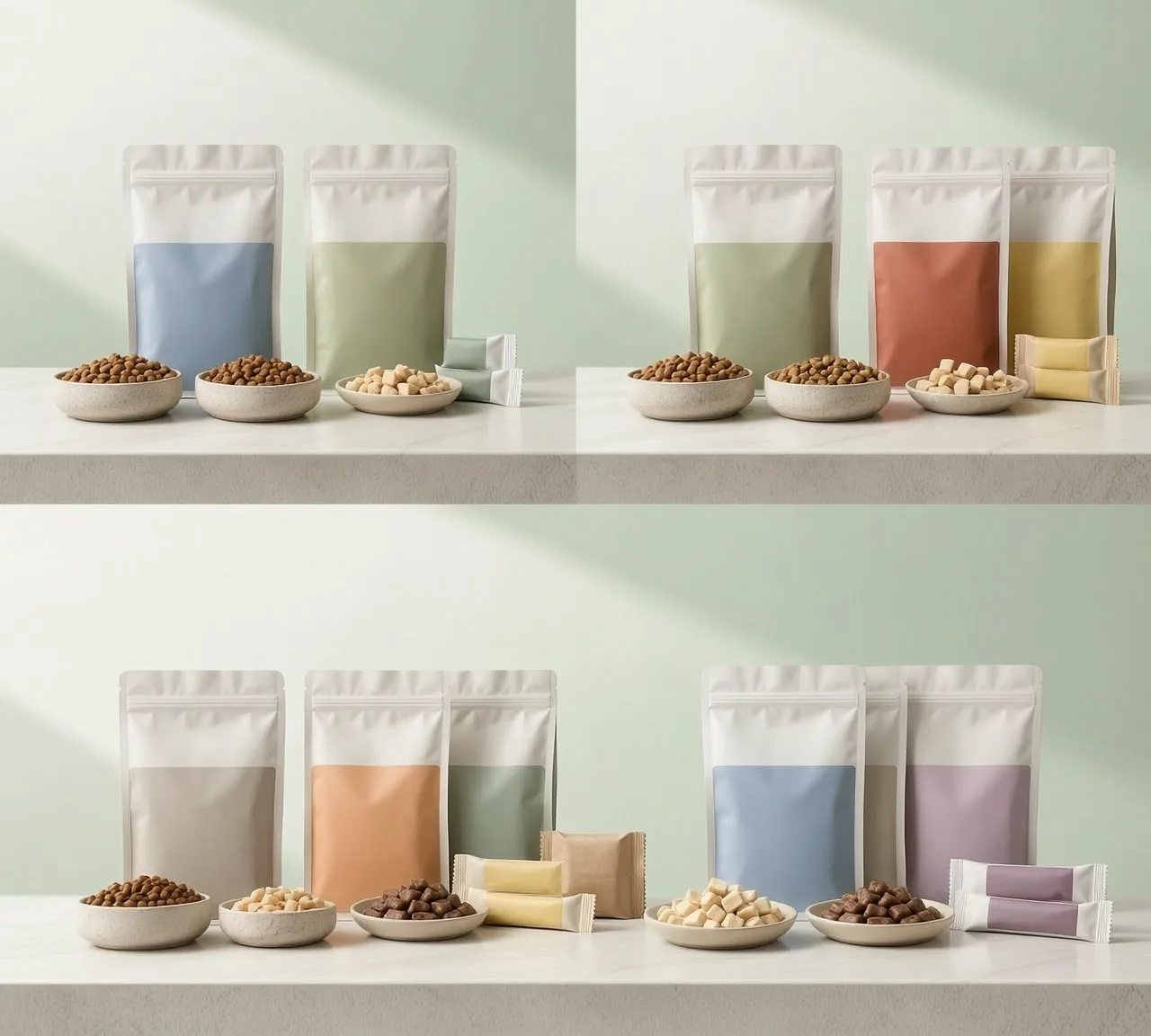 Coordinated cat and dog food portfolio with unbranded packaging