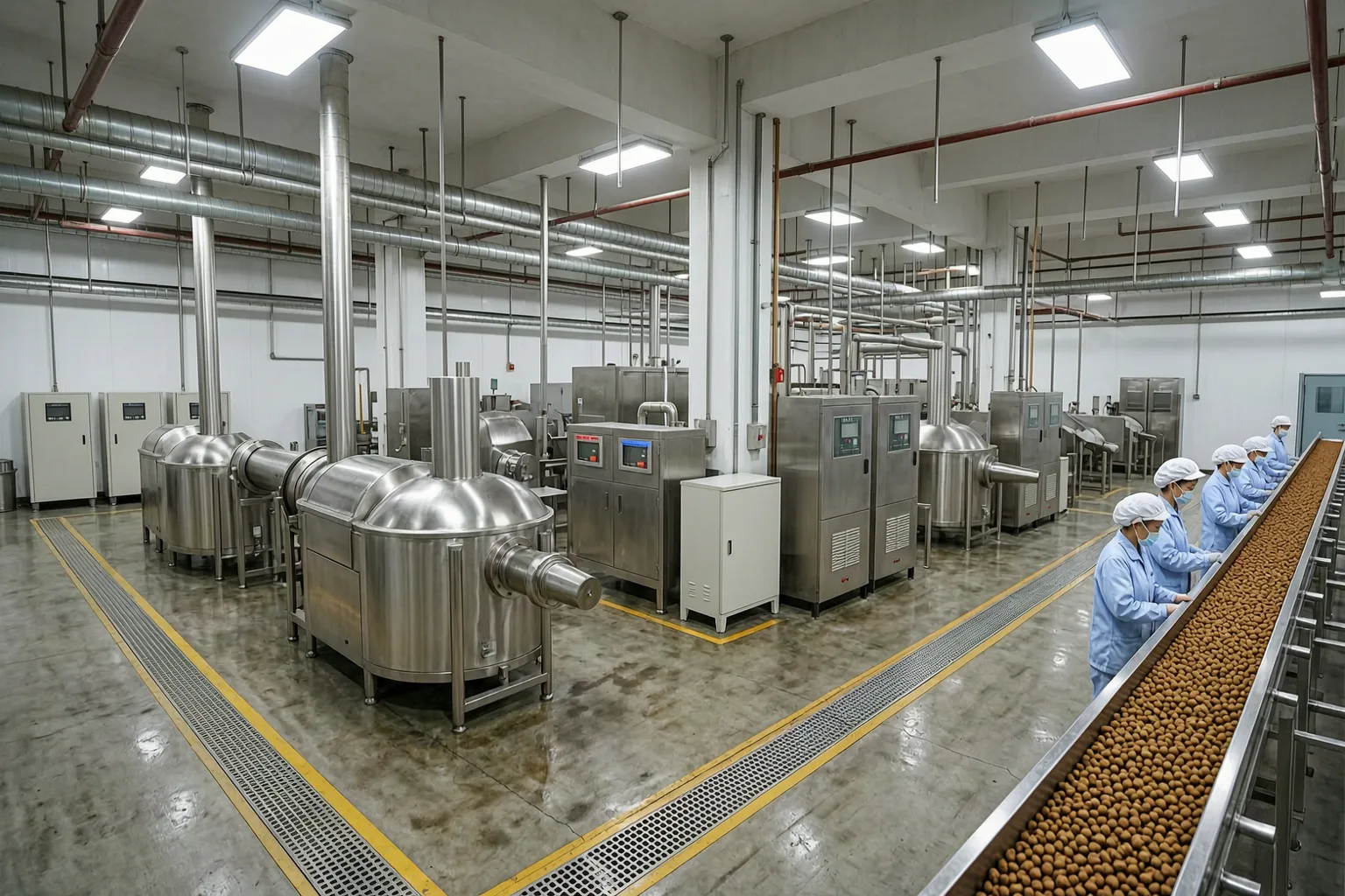 Real pet food manufacturing floor in a Chinese factory
