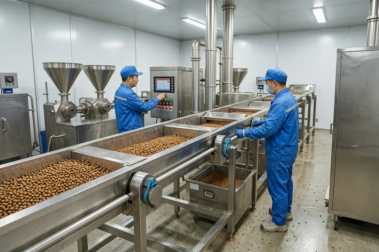 Real pet food production line with Chinese factory operators and dry kibble processing equipment