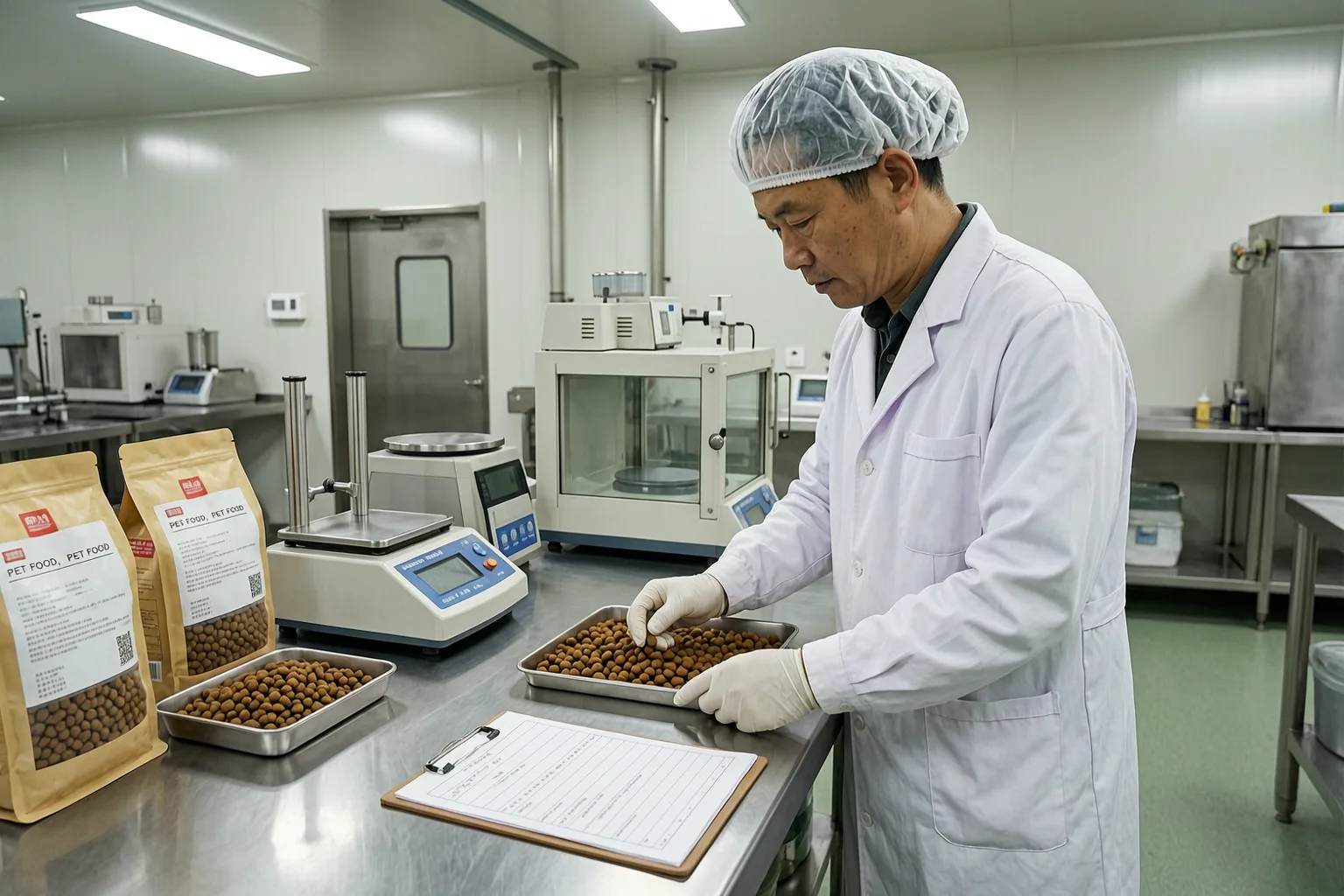 Chinese pet food quality technician inspecting kibble samples in a working food laboratory