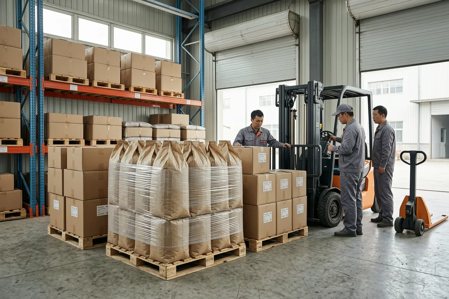 Real pet food warehouse and outbound preparation area in a Chinese factory