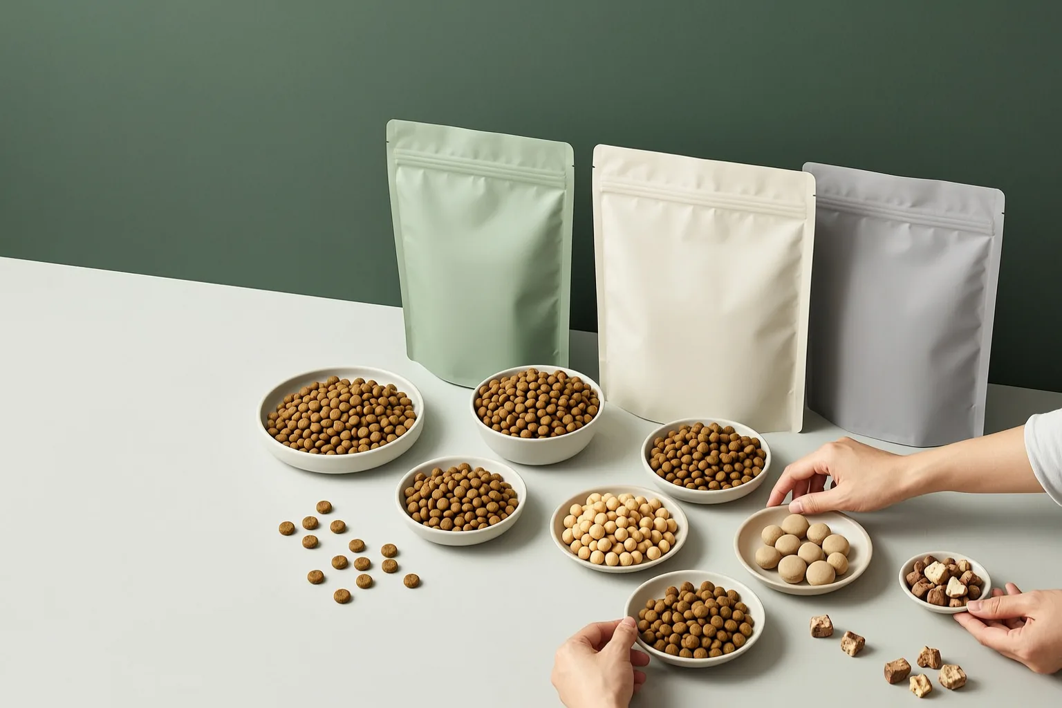 Private-label pet food product development workspace with unbranded packaging and food samples