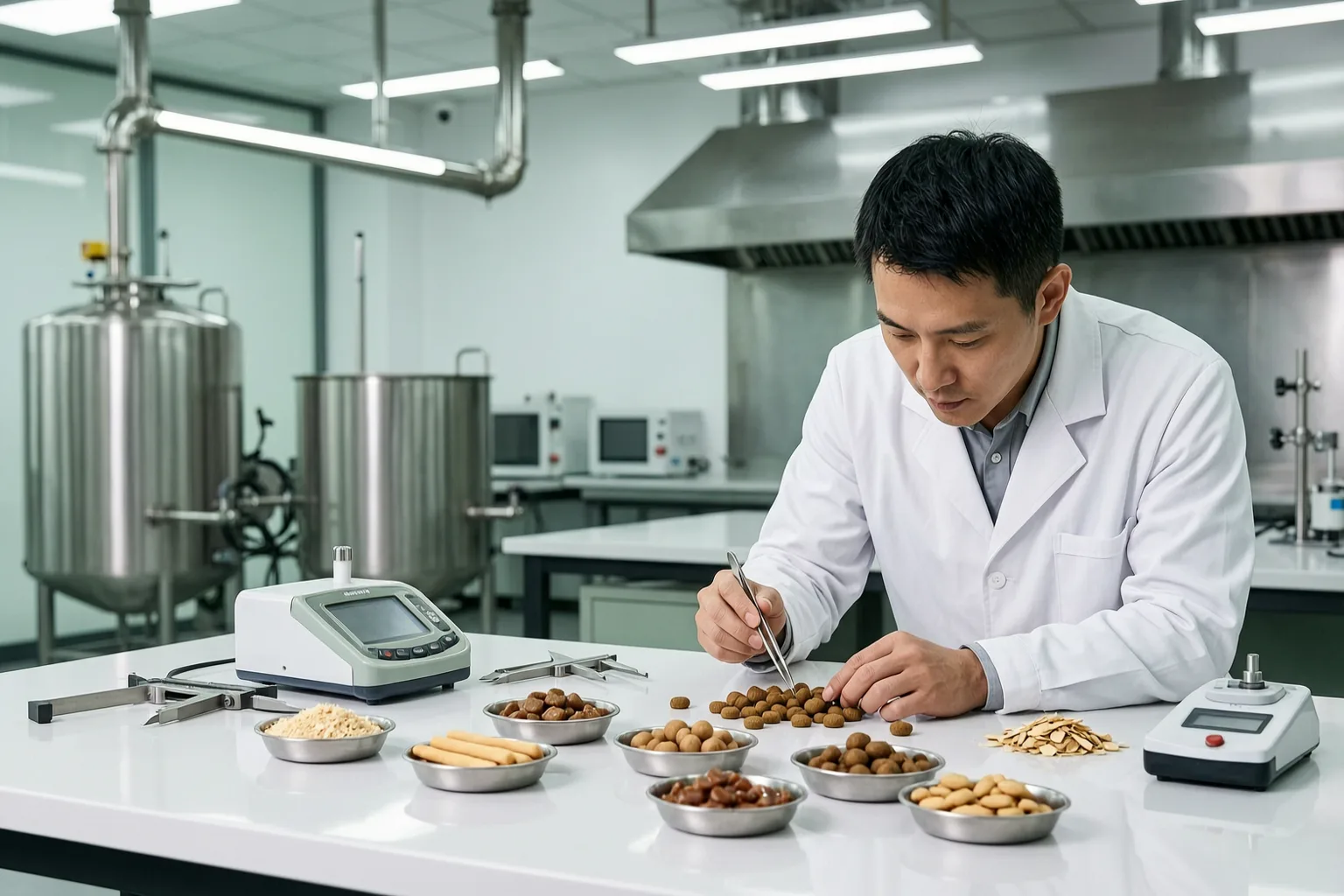 Pet food technologist reviewing formula, flavour and texture samples in the laboratory