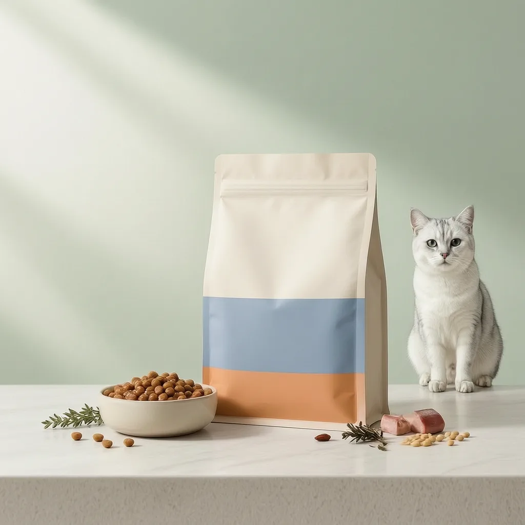 Cat food pieces in gravy with blank private-label pouch packaging
