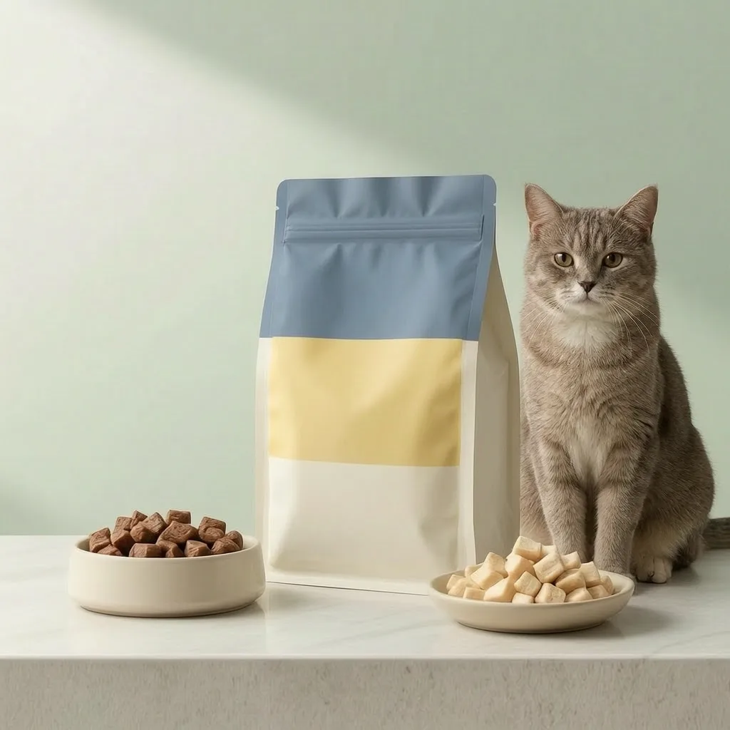 Crunchy cat treats with blank colorful pouch packaging and bite-size pieces