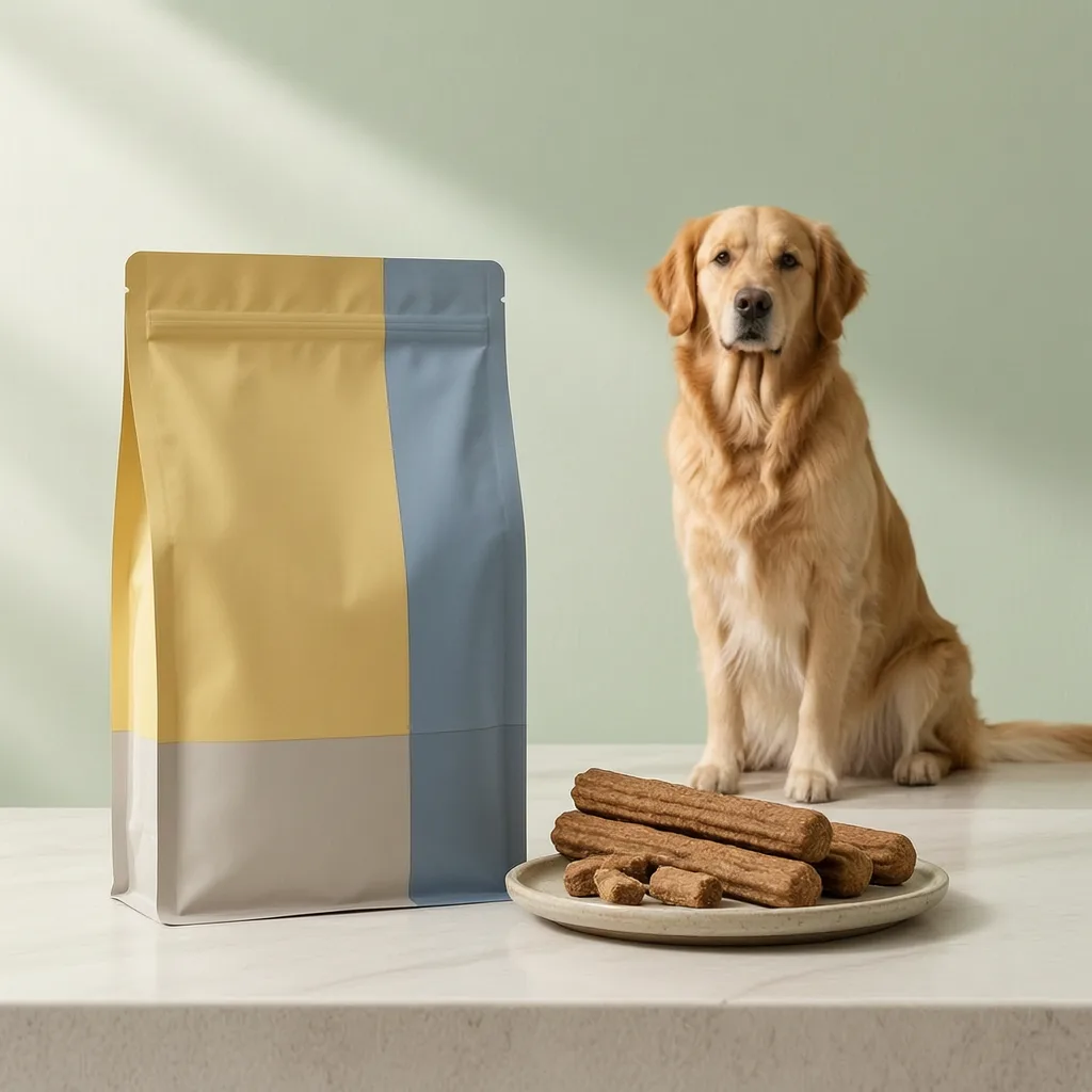 Ridged dog chew treats with blank private-label pouch packaging