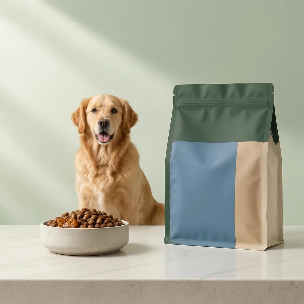 Dog food pieces in gravy with blank private-label pouch packaging