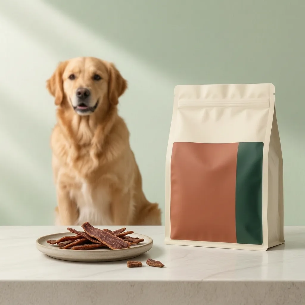 Dog jerky treat strips with blank private-label resealable pouch packaging