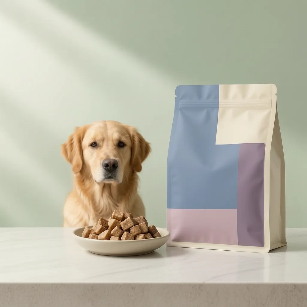 Freeze-dried dog treats with blank private-label pouch packaging and meat cubes