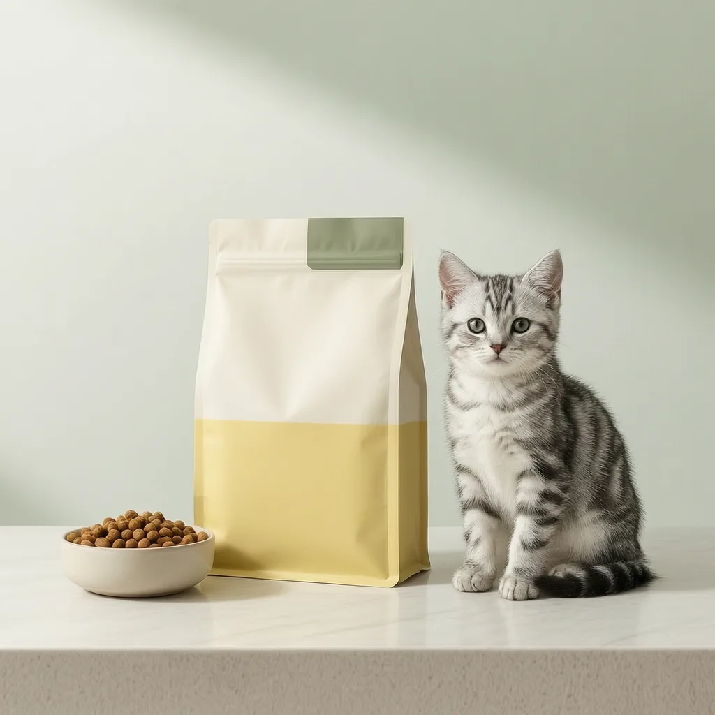 Kitten dry cat food with blank packaging, small kibble and a young cat