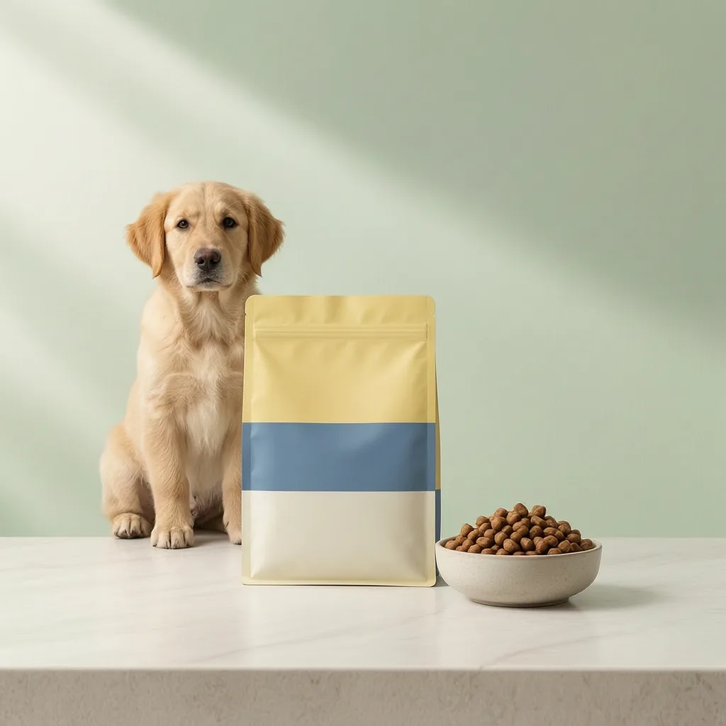 Puppy dry dog food with blank packaging, small kibble and a young dog