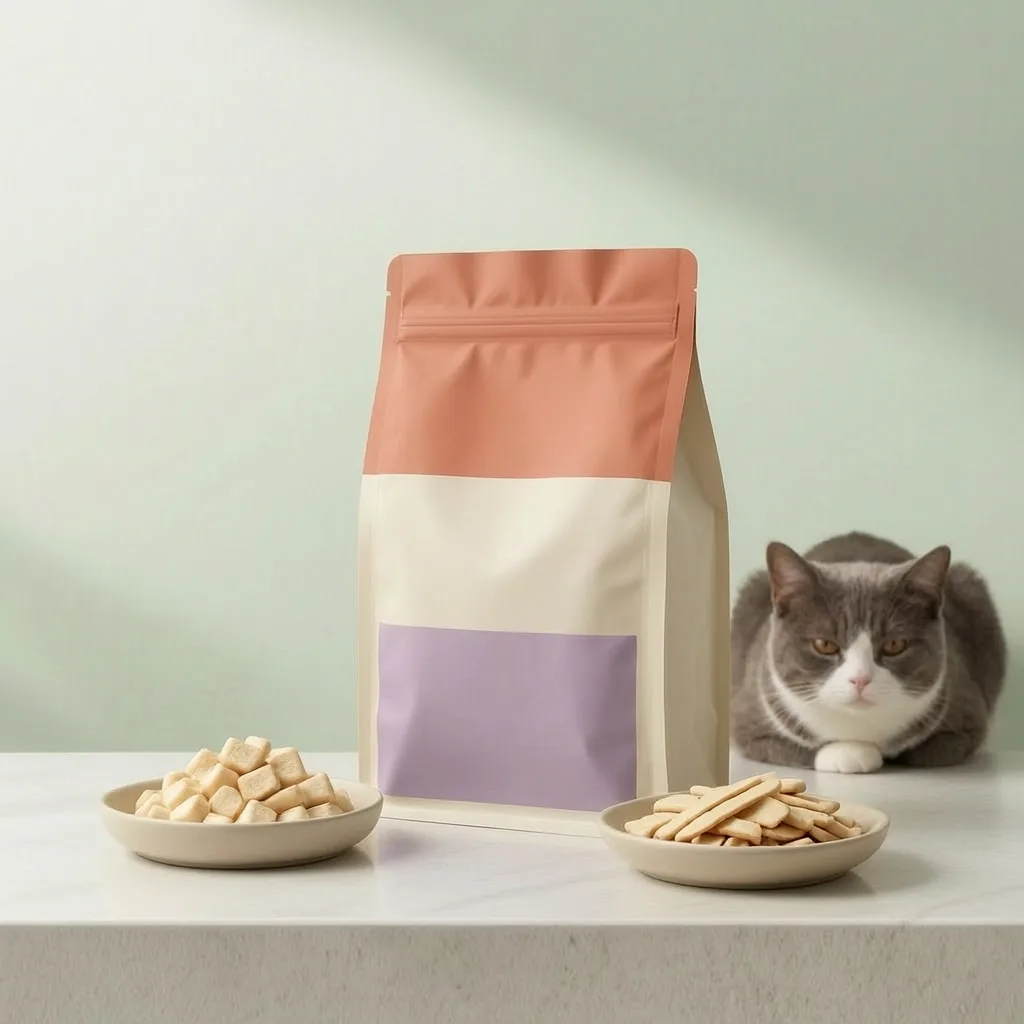 Soft cat treat bites and strips with blank resealable pouch packaging