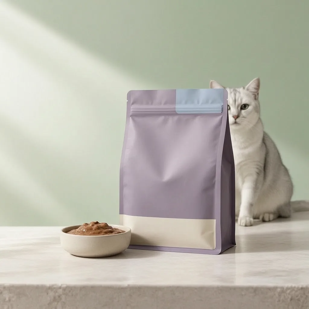 Wet cat food pâté with blank pouch packaging and a ceramic serving dish