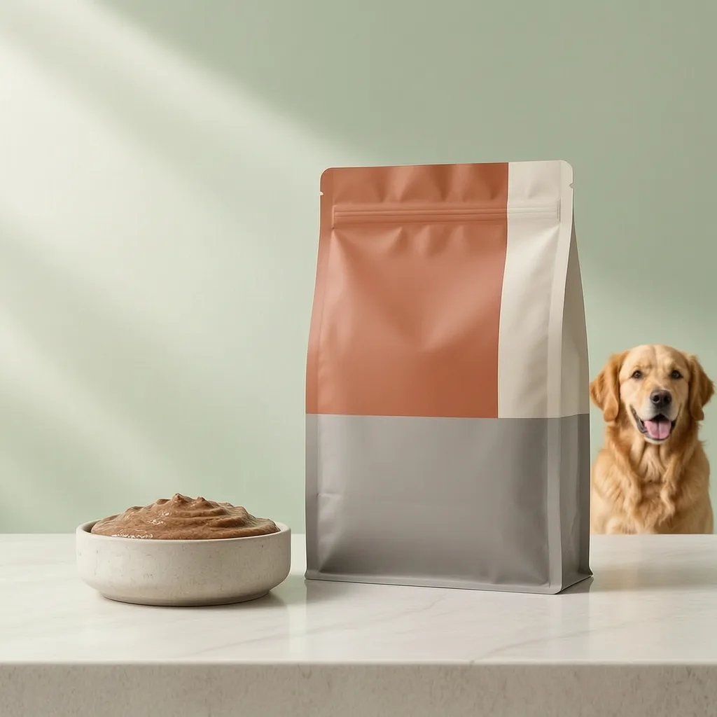 Wet dog food pâté with blank pouch packaging and a ceramic serving dish