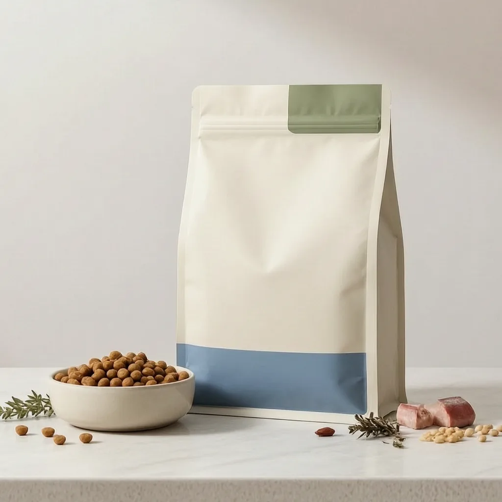 Dry cat food private-label pouch with kibble bowl in a premium studio setting