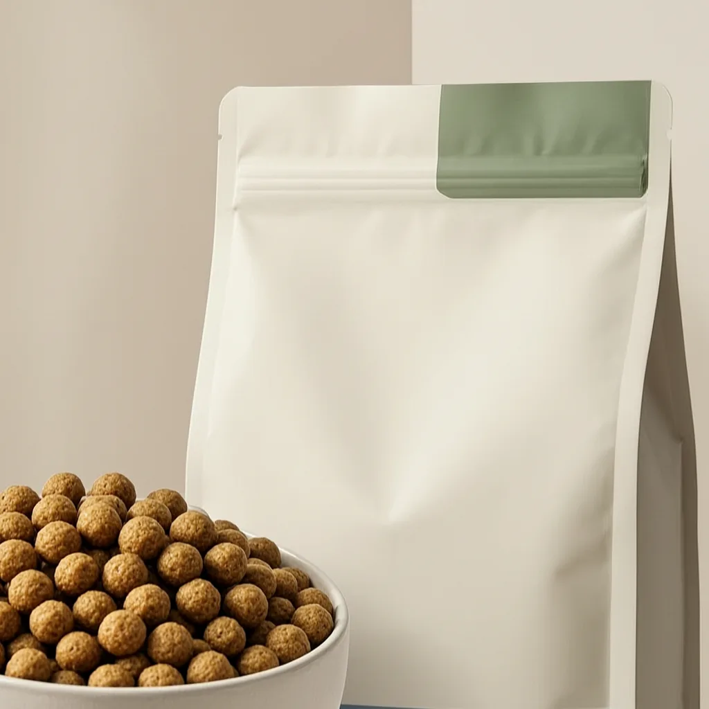 Close-up dry cat food packaging and kibble presentation