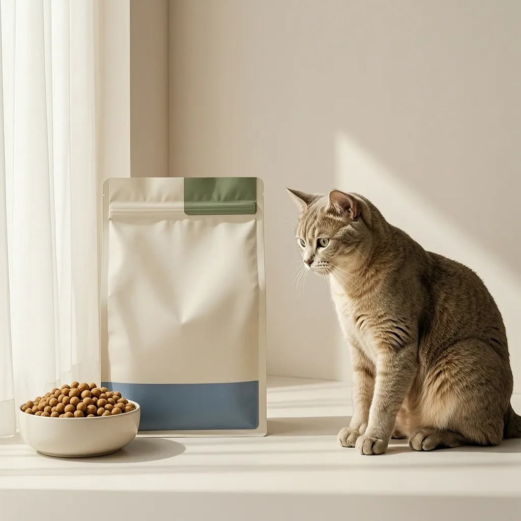Dry cat food pouch, kibble bowl and cat in a refined lifestyle setting