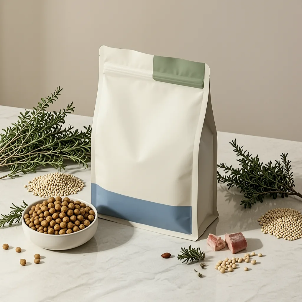 Premium dry cat food product composition with kibble and subtle ingredient cues